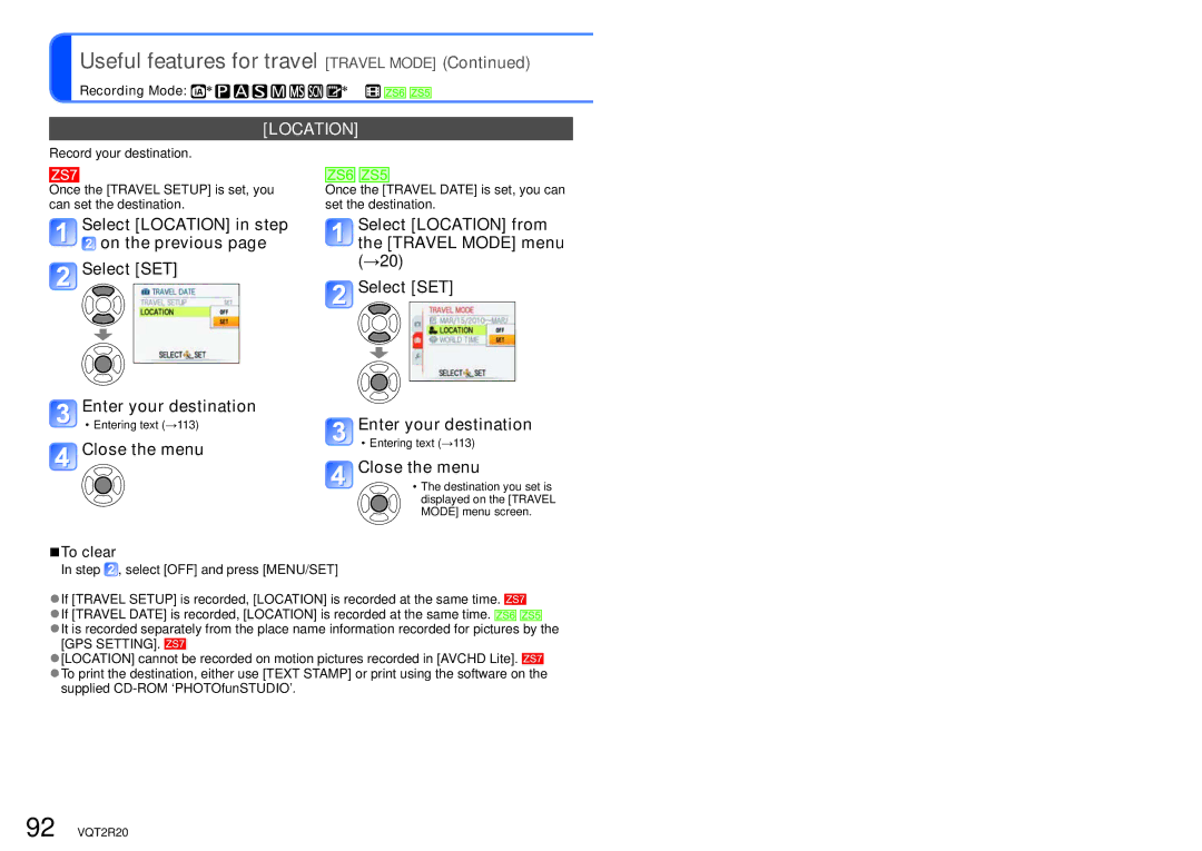 Panasonic DMC-ZS6 Useful features for travel Travel Mode, Location, To clear, Step , select OFF and press MENU/SET 