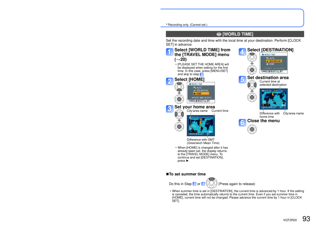 Panasonic DMC-ZS6 Select World Time from the Travel Mode menu →20, Select Home Select Destination Set destination area 