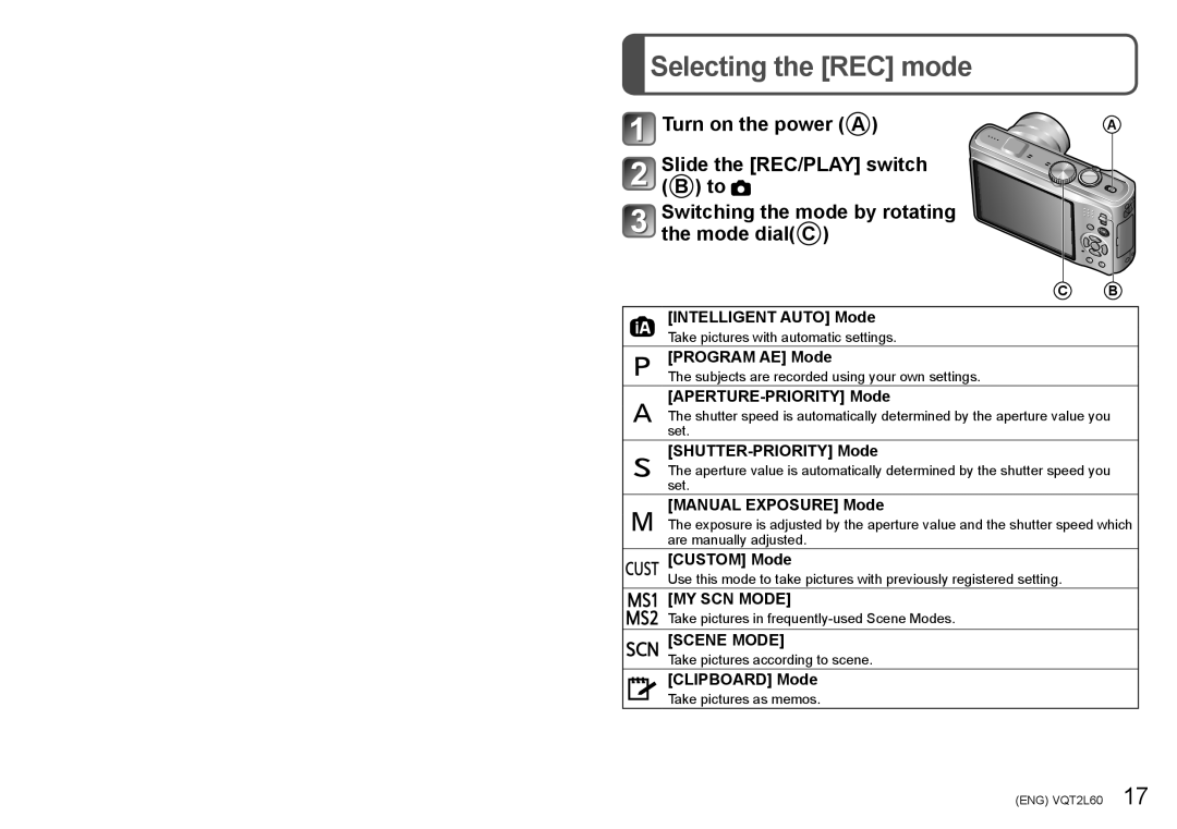 Panasonic DMCZS7K, DMC-ZS7, DMCZS7A, DMCZS7S operating instructions Selecting the REC mode, MY SCN Mode, Scene Mode 