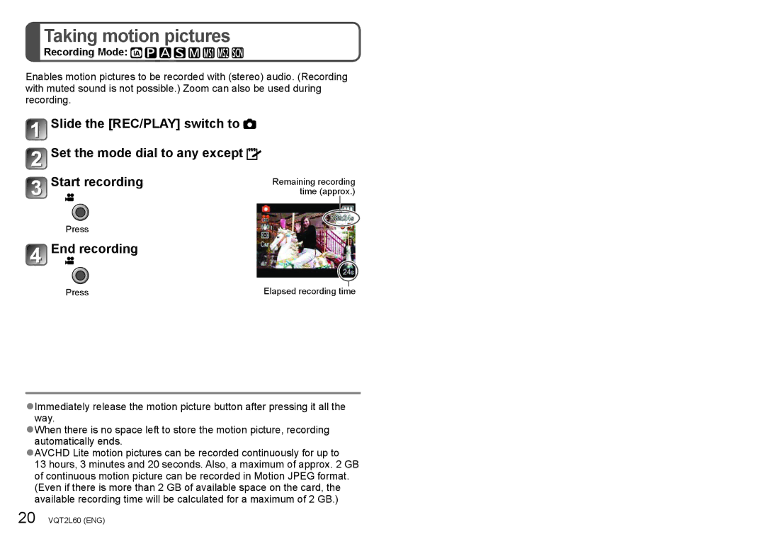 Panasonic DMC-ZS7, DMCZS7K, DMCZS7A, DMCZS7S operating instructions Taking motion pictures, End recording, Recording Mode 