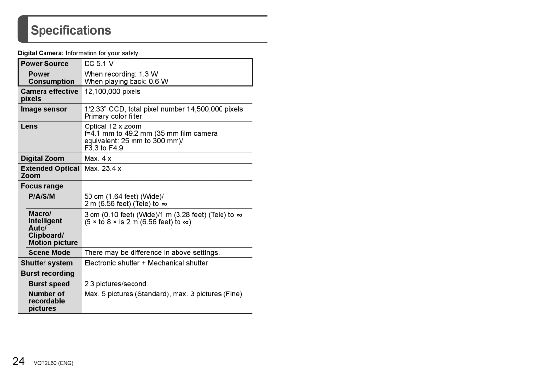 Panasonic DMC-ZS7, DMCZS7K, DMCZS7A, DMCZS7S operating instructions Specifications, S/M, 50 cm 1.64 feet Wide, feet Tele to ∞ 