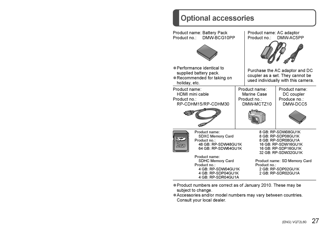 Panasonic DMCZS7S, DMC-ZS7, DMCZS7K, DMCZS7A operating instructions Optional accessories, GB RP-SDR08GU1A 