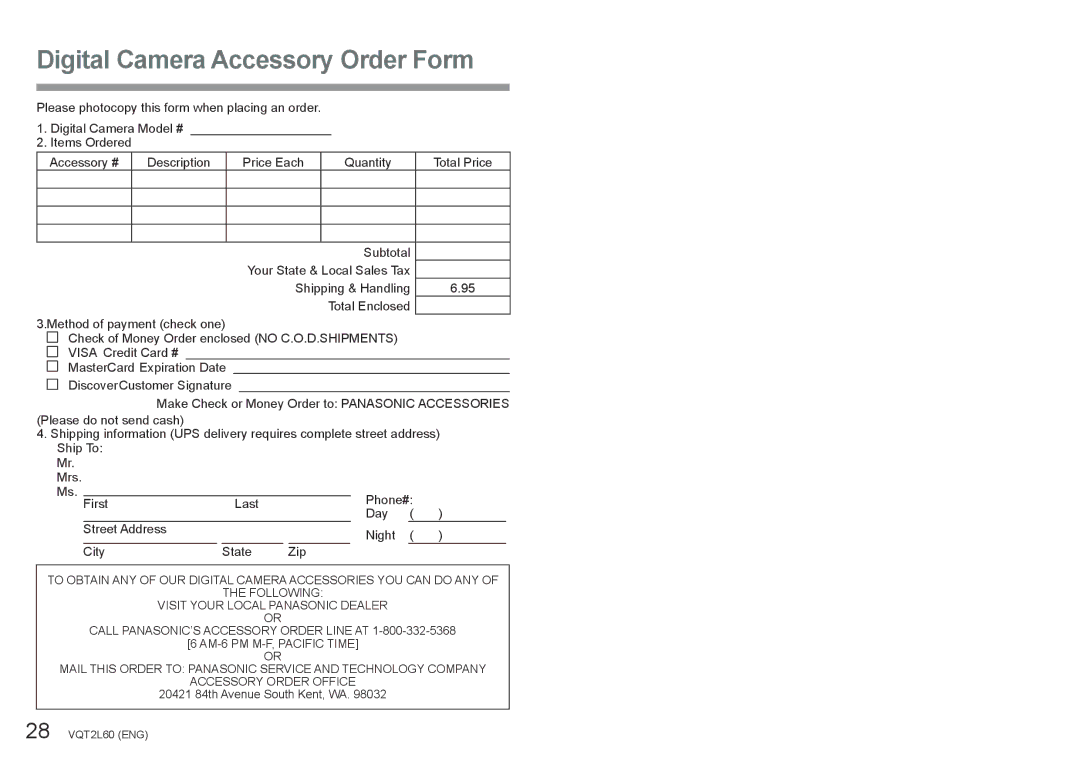 Panasonic DMC-ZS7, DMCZS7K, DMCZS7A, DMCZS7S operating instructions Digital Camera Accessory Order Form 