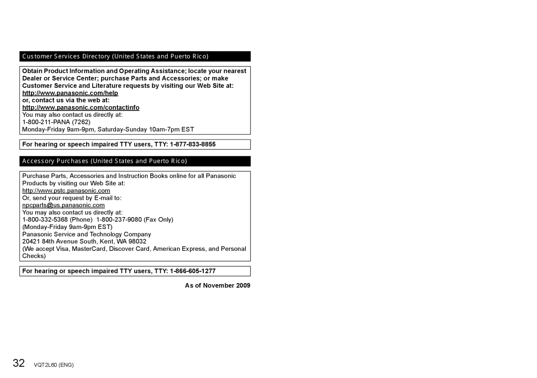 Panasonic DMC-ZS7, DMCZS7K, DMCZS7A, DMCZS7S operating instructions Customer Services Directory United States and Puerto Rico 