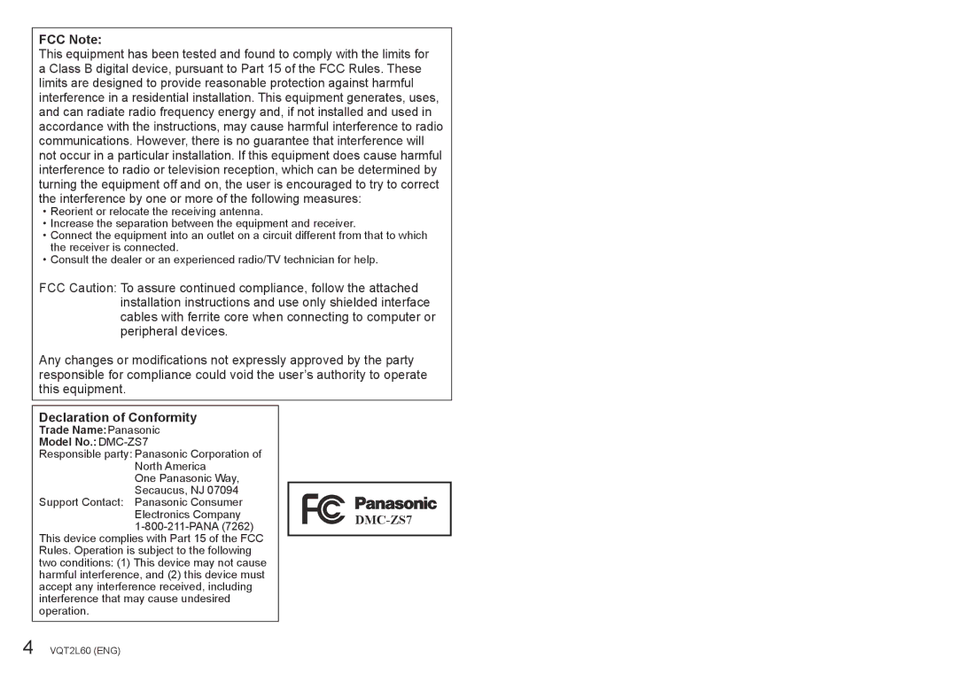 Panasonic DMC-ZS7, DMCZS7K, DMCZS7A, DMCZS7S operating instructions FCC Note, Declaration of Conformity 