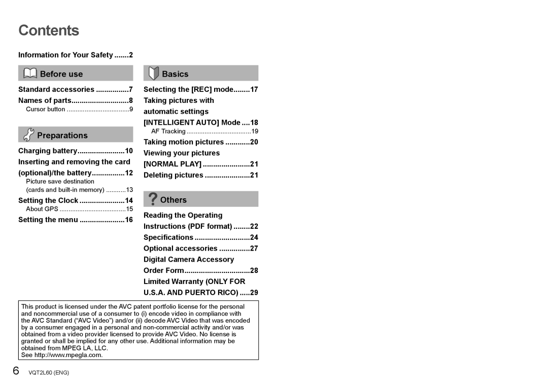 Panasonic DMCZS7A, DMC-ZS7, DMCZS7K, DMCZS7S operating instructions Contents 