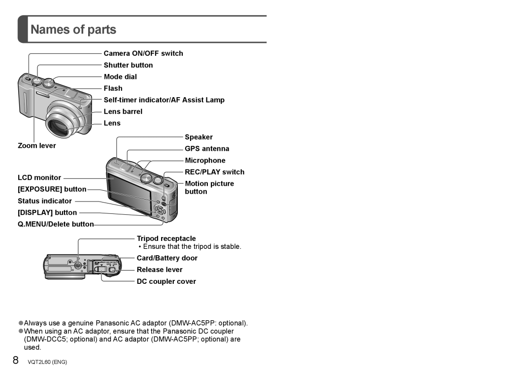 Panasonic DMC-ZS7, DMCZS7K, DMCZS7A, DMCZS7S operating instructions Names of parts 