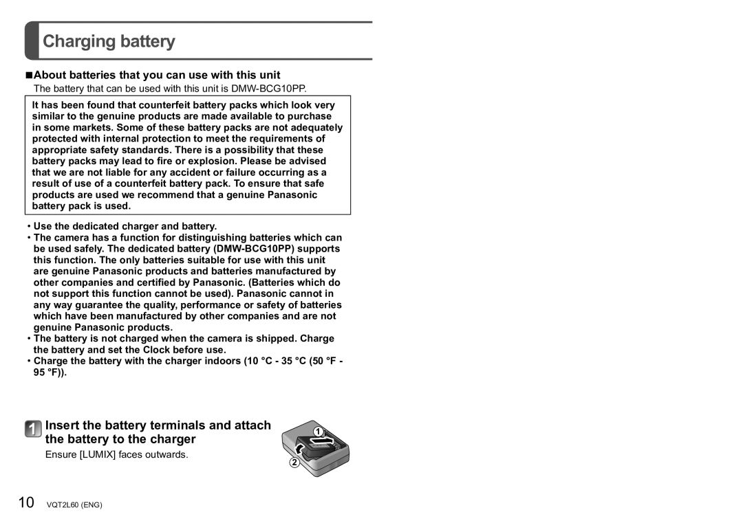 Panasonic DMC-ZS7 Charging battery, Use the dedicated charger and battery, Ensure Lumix faces outwards 