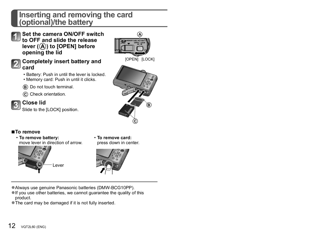 Panasonic DMC-ZS7 Inserting and removing the card optional/the battery, Close lid, To remove battery To remove card 