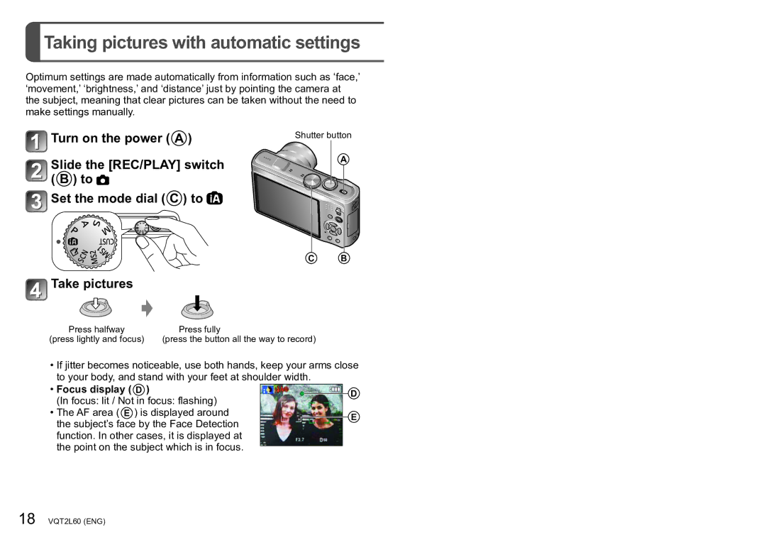 Panasonic DMC-ZS7 operating instructions Taking pictures with automatic settings, Focus display D 