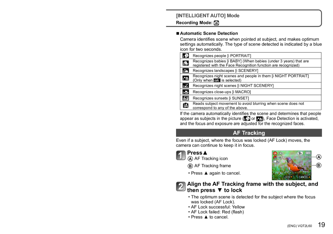 Panasonic DMC-ZS7 operating instructions Press, Recording Mode Automatic Scene Detection 