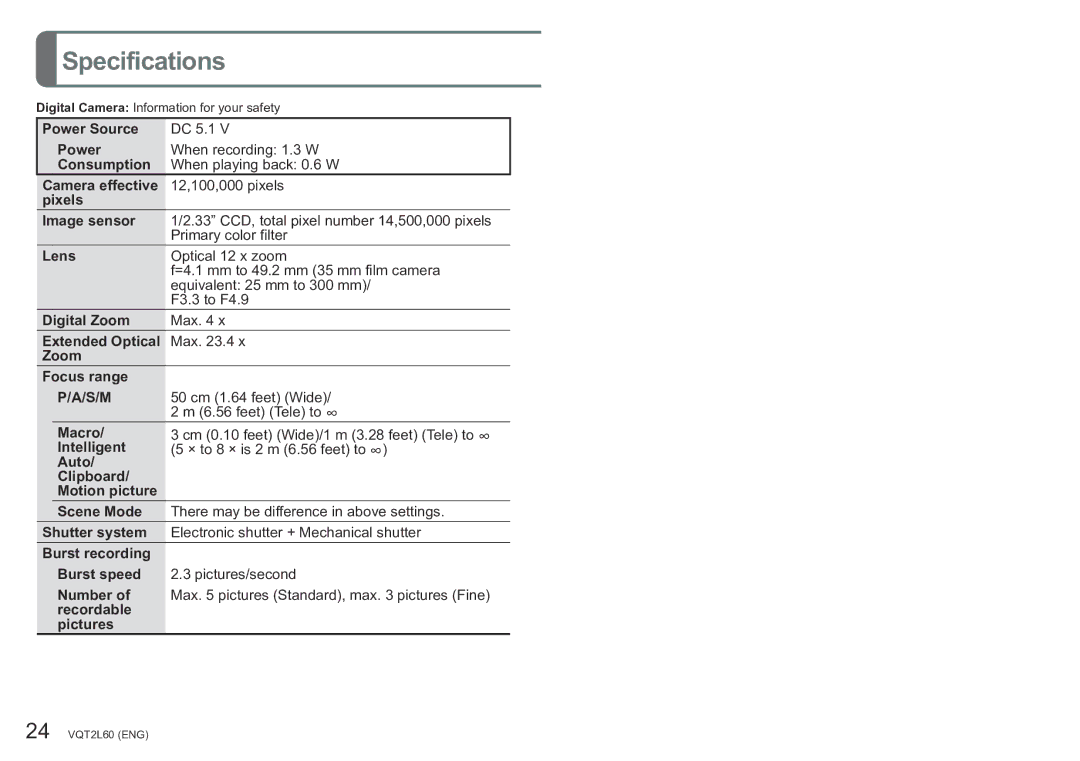 Panasonic DMC-ZS7 operating instructions Specifications, S/M, 50 cm 1.64 feet Wide, feet Tele to ∞ 