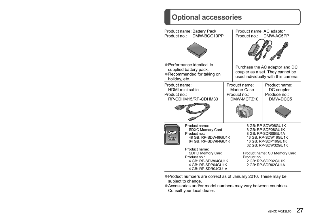 Panasonic DMC-ZS7 operating instructions Optional accessories, GB RP-SDR08GU1A 