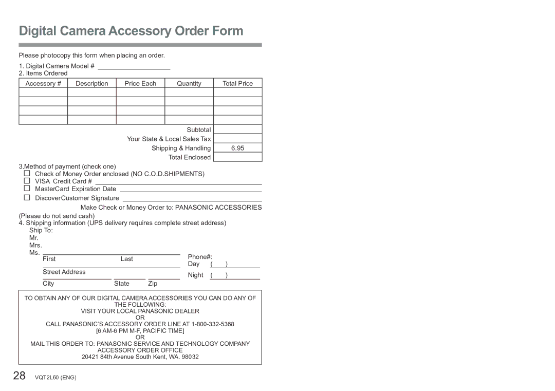 Panasonic DMC-ZS7 operating instructions Digital Camera Accessory Order Form 