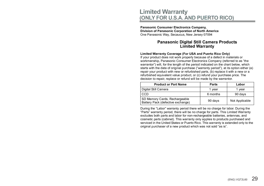 Panasonic DMC-ZS7 operating instructions Panasonic Digital Still Camera Products Limited Warranty 