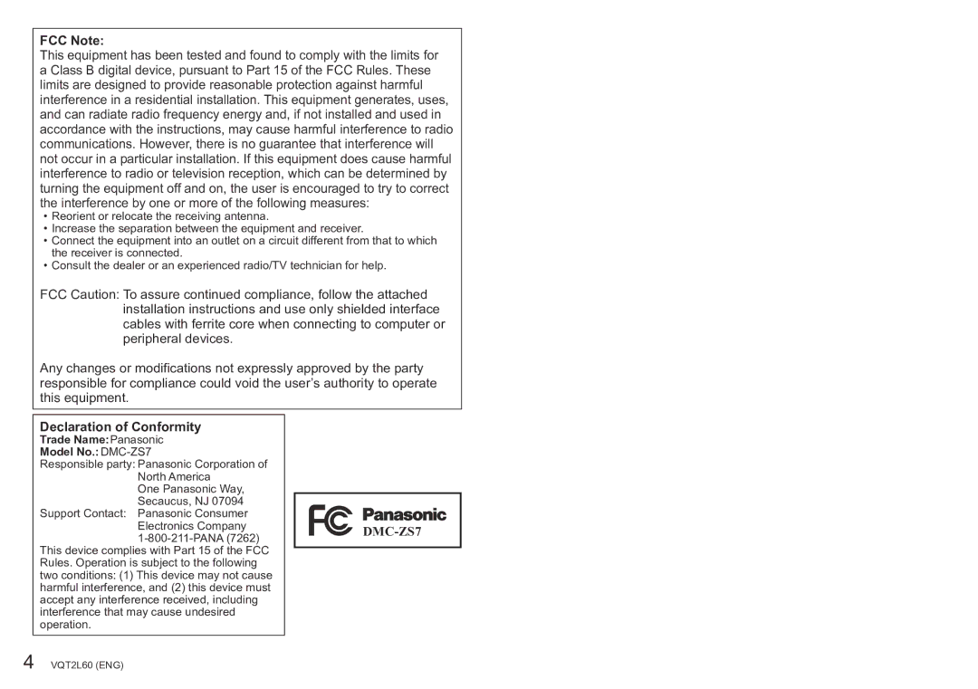 Panasonic DMC-ZS7 operating instructions FCC Note, Declaration of Conformity 