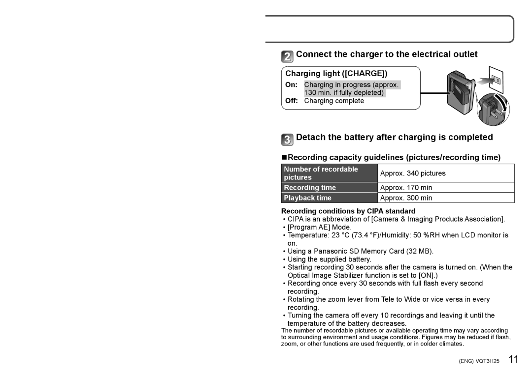 Panasonic DMCSZ8K, DMC-ZS9 Connect the charger to the electrical outlet, Detach the battery after charging is completed 