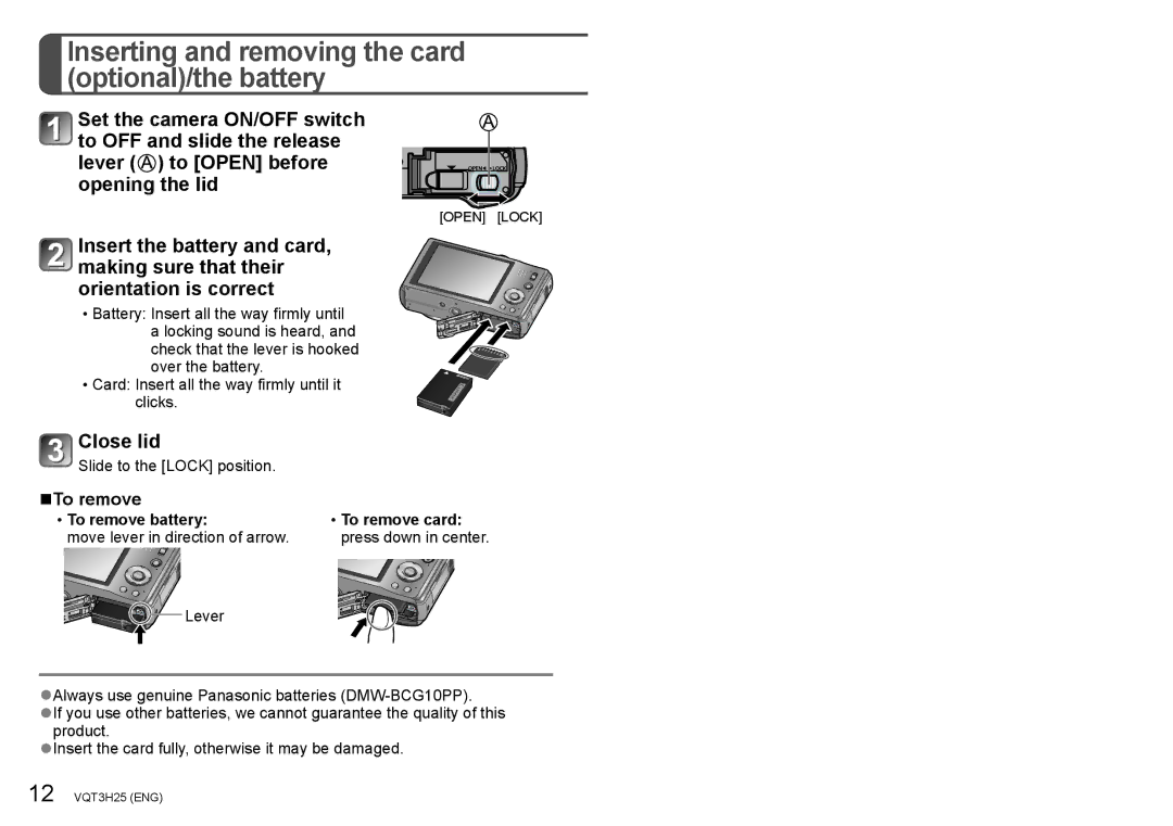 Panasonic DMC-ZS8, DMC-ZS9, DMCSZ8K owner manual Inserting and removing the card optional/the battery, Close lid, To remove 