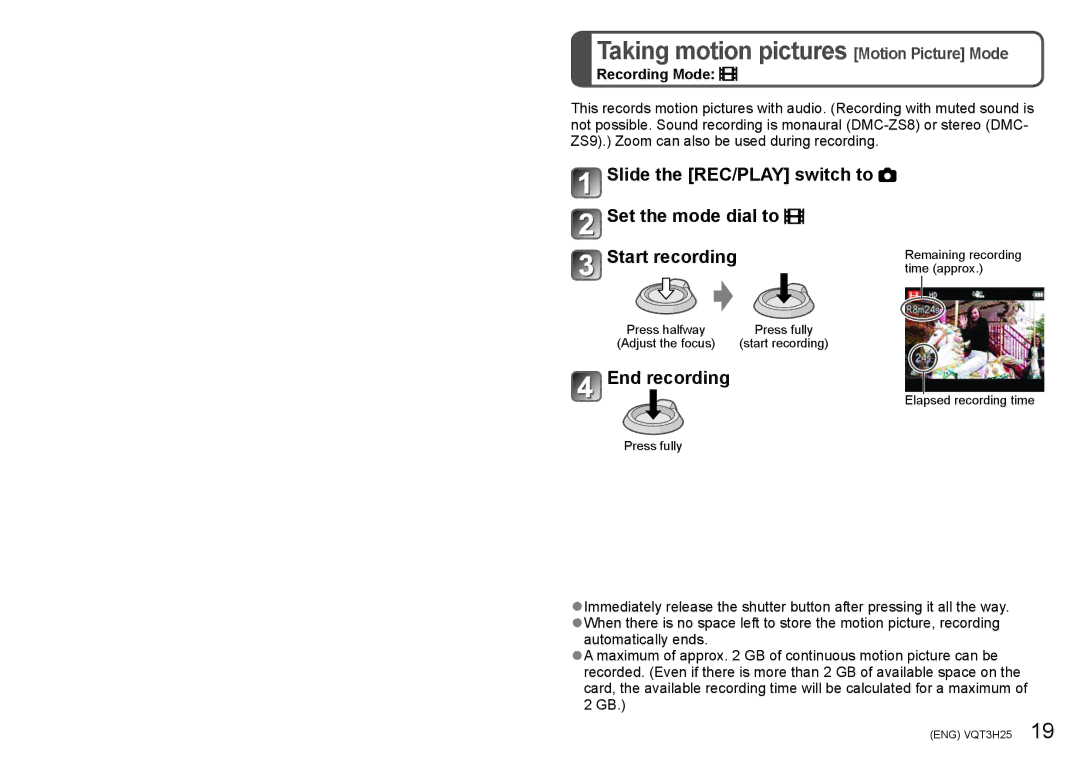 Panasonic DMC-ZS8, DMC-ZS9, DMCSZ8K owner manual Taking motion pictures Motion Picture Mode, End recording, Recording Mode 