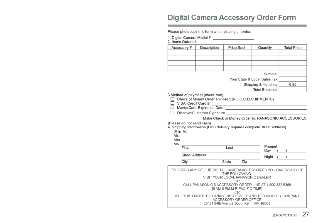 Panasonic DMC-ZS9, DMC-ZS8, DMCSZ8K owner manual Digital Camera Accessory Order Form 