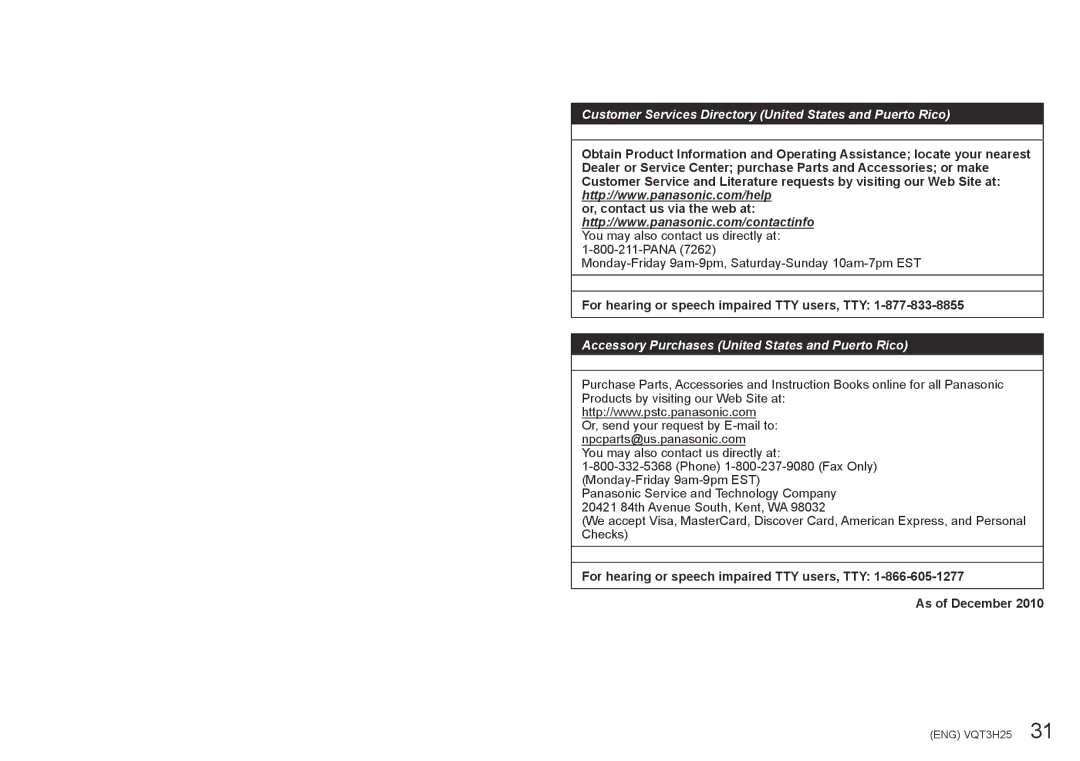 Panasonic DMC-ZS8, DMC-ZS9, DMCSZ8K owner manual Customer Services Directory United States and Puerto Rico 