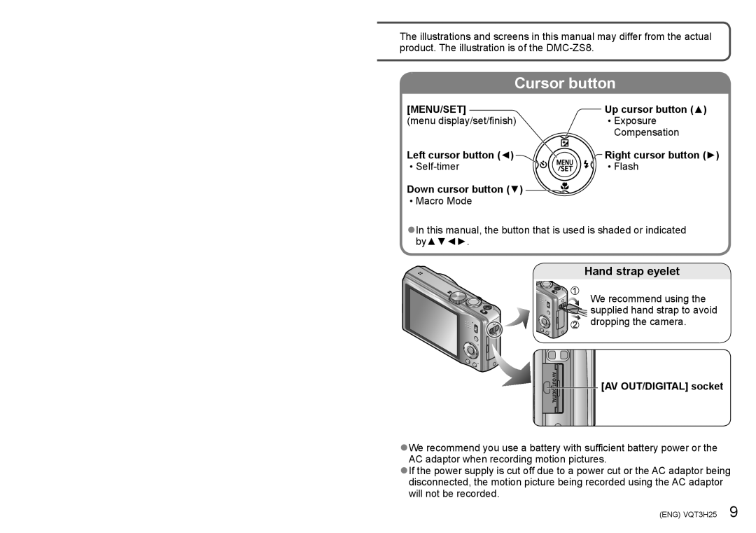Panasonic DMC-ZS9 Hand strap eyelet, Up cursor button, Left cursor button, Down cursor button, AV OUT/DIGITAL socket 