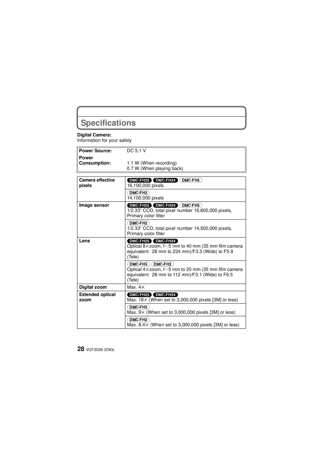 Panasonic DMCFH20K, DMCFH20S, DMCFH20V owner manual Specifications 