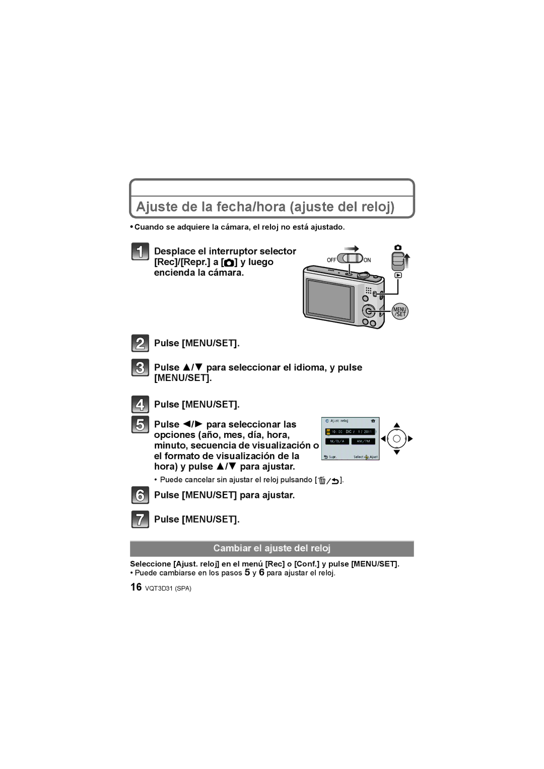 Panasonic DMCFH2K manual Ajuste de la fecha/hora ajuste del reloj, Cuando se adquiere la cámara, el reloj no está ajustado 