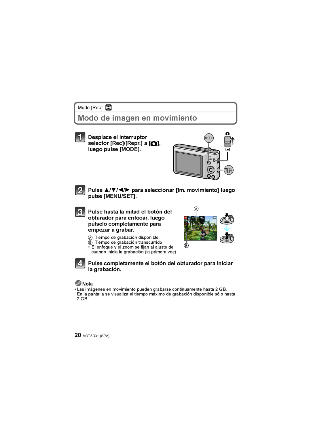 Panasonic DMCFH2K, DMCFH2P manual Modo de imagen en movimiento, Nota 