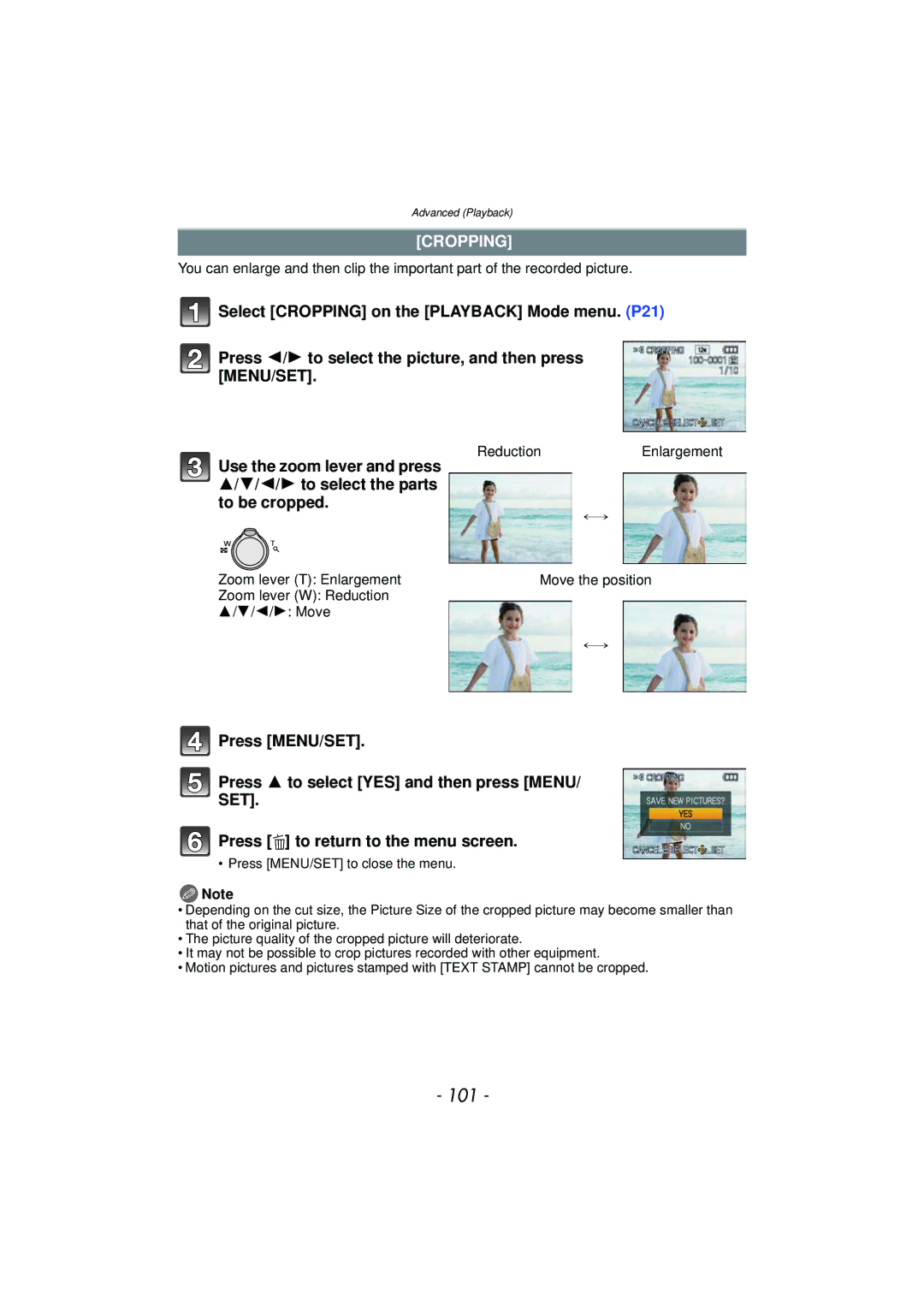 Panasonic DMCFH3R, DMCFH3S 101, Cropping, Press MENU/SET Press 3 to select YES and then press Menu, Reduction Enlargement 