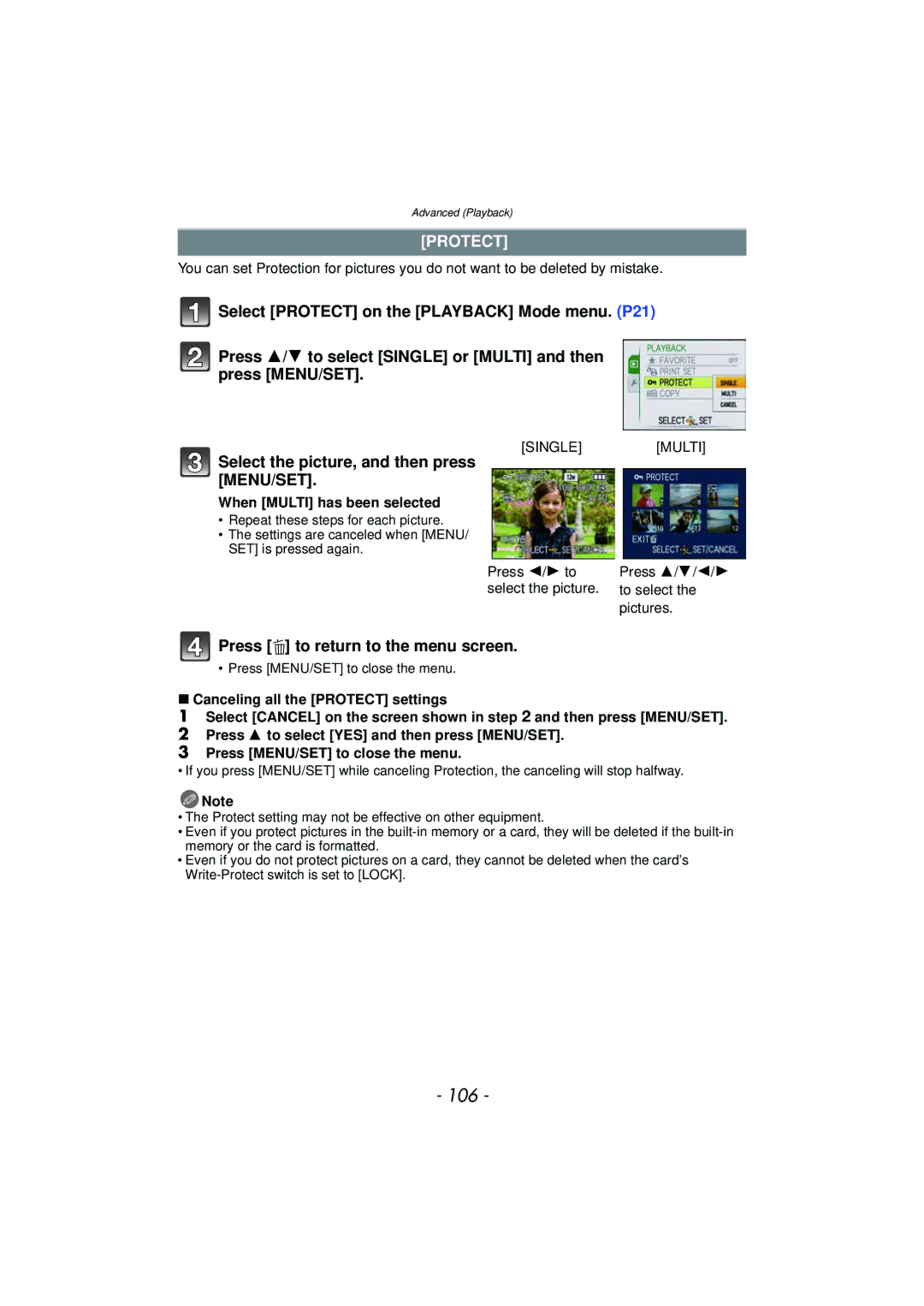 Panasonic DMCFH1S, DMCFH3S, DMCFH3R, DMCFP3S, DMCFP3AB, DMCFP3R, DMCFH3K, DMCFH3P 106, Protect, When Multi has been selected 