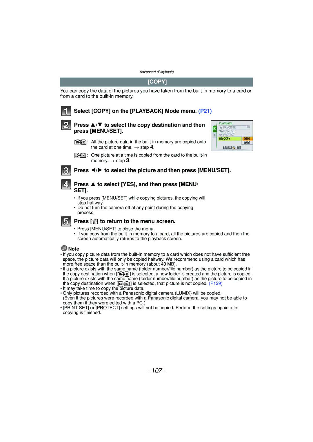 Panasonic DMCFH3P, DMCFH3S, DMCFH3R, DMCFP3S, DMCFP3AB, DMCFP3R, DMCFH3K, DMCFH1S, DMCFH1K, DMCFP3K operating instructions 107, Copy 