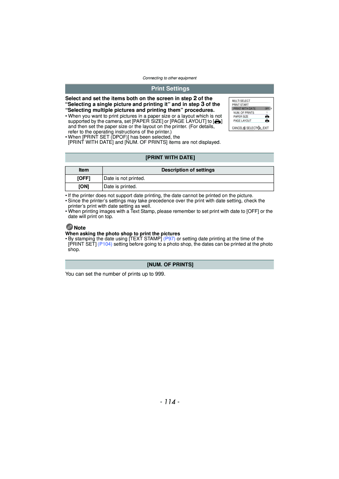 Panasonic DMCFP3R, DMCFH3S 114, Print Settings, Print with Date, NUM. of Prints, You can set the number of prints up to 