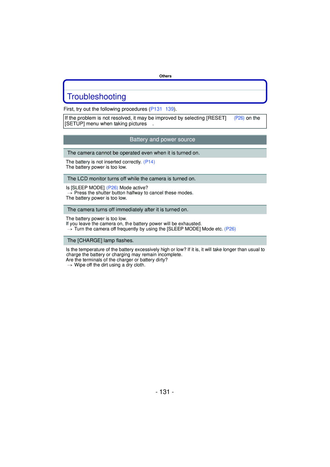 Panasonic DMCFH3R, DMCFH3S, DMCFP3S, DMCFP3AB, DMCFP3R, DMCFH3K, DMCFH1S, DMCFH3P Troubleshooting, 131, Battery and power source 