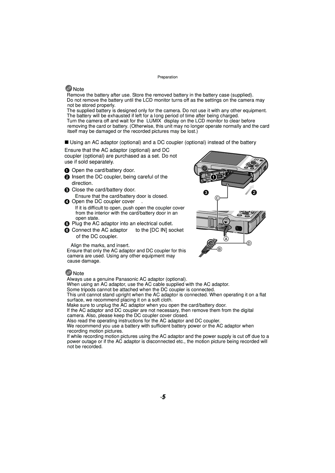 Panasonic DMCFH3K Open the DC coupler cover a, Ensure that the card/battery door is closed, Align the marks, and insert 