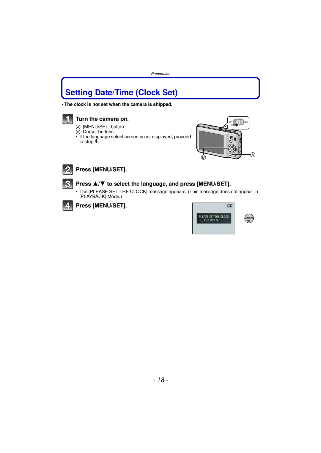 Panasonic DMCFH1K, DMCFH3S, DMCFH3R, DMCFP3S, DMCFP3AB Setting Date/Time Clock Set, Turn the camera on, Press MENU/SET 