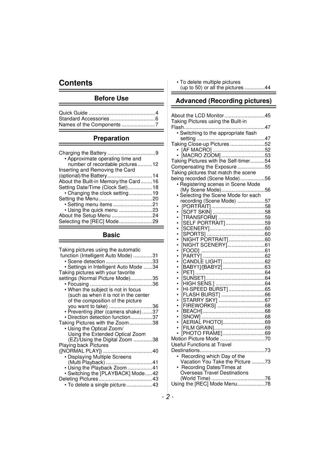 Panasonic DMCFP3S, DMCFH3S, DMCFH3R, DMCFP3AB, DMCFP3R, DMCFH3K, DMCFH1S, DMCFH3P, DMCFH1K, DMCFP3K operating instructions Contents 