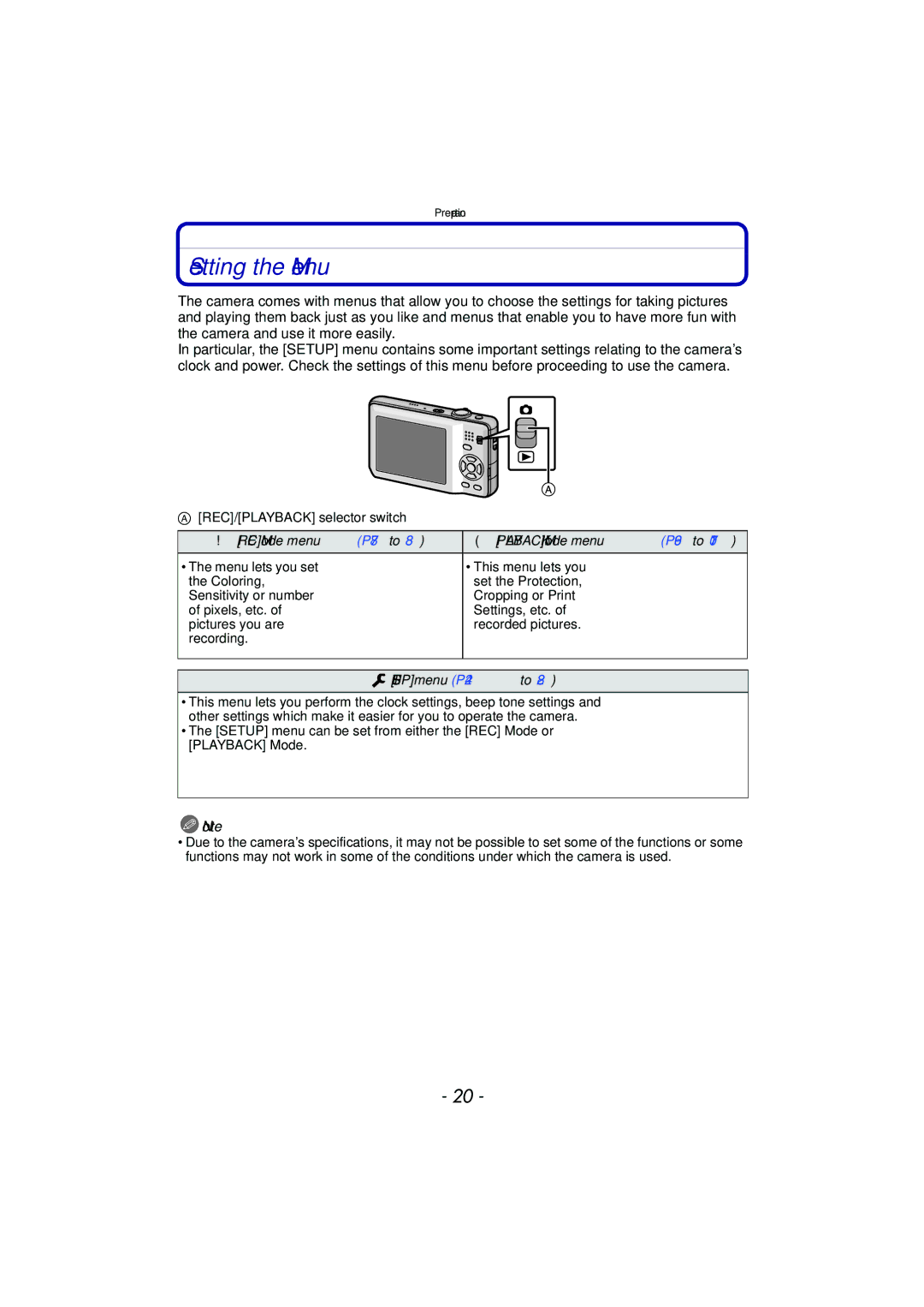 Panasonic DMCFH3S, DMCFH3R, DMCFP3S Setting the Menu, REC Mode menu P78 to 88 Playback Mode menu P96 to, Setup menu P24 to 