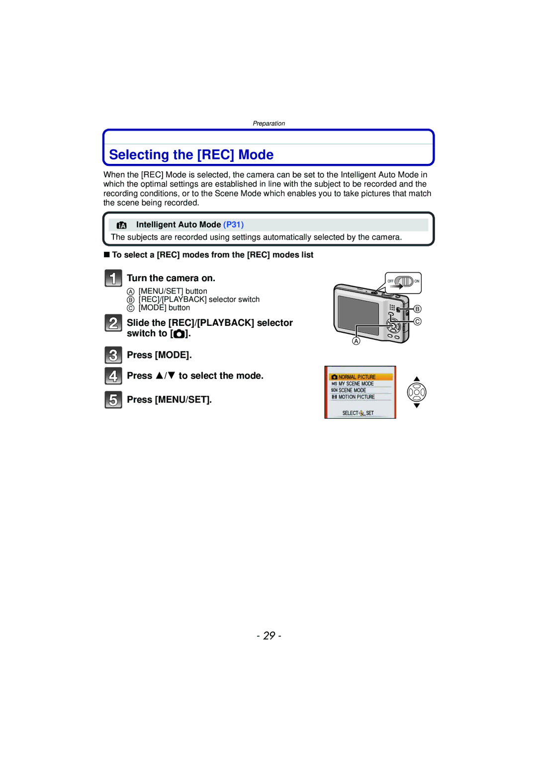 Panasonic DMCFP3K Selecting the REC Mode, Intelligent Auto Mode P31, To select a REC modes from the REC modes list 