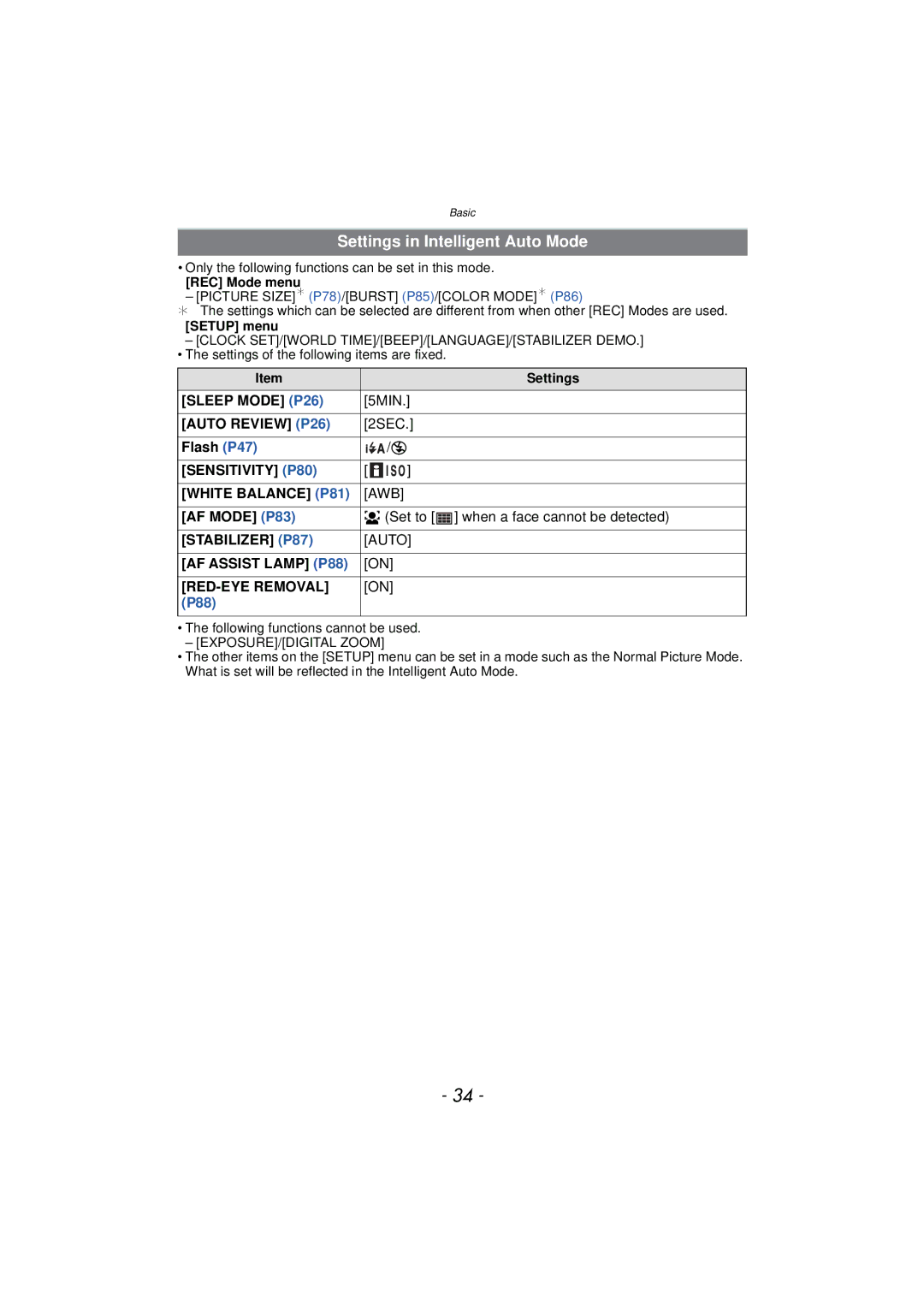 Panasonic DMCFP3R, DMCFH3S, DMCFH3R, DMCFP3S, DMCFP3AB Settings in Intelligent Auto Mode, Sleep Mode P26, Auto Review P26 