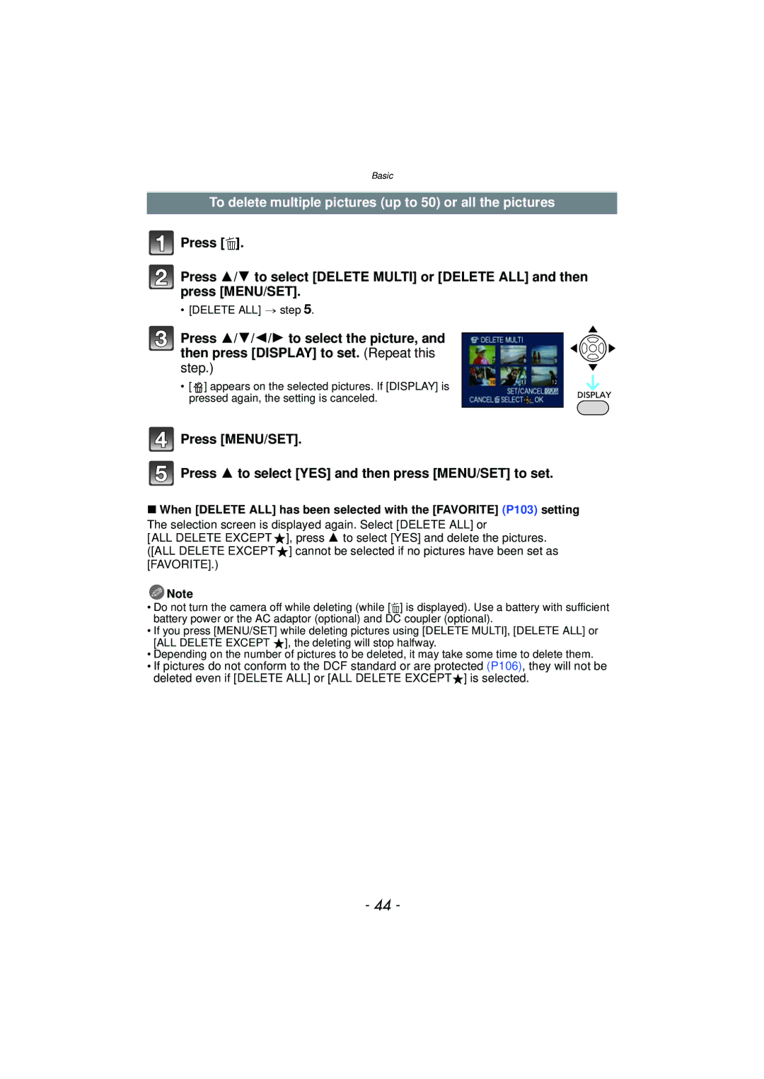Panasonic DMCFP3R, DMCFH3S, DMCFH3R, DMCFP3S To delete multiple pictures up to 50 or all the pictures, Delete ALL step 