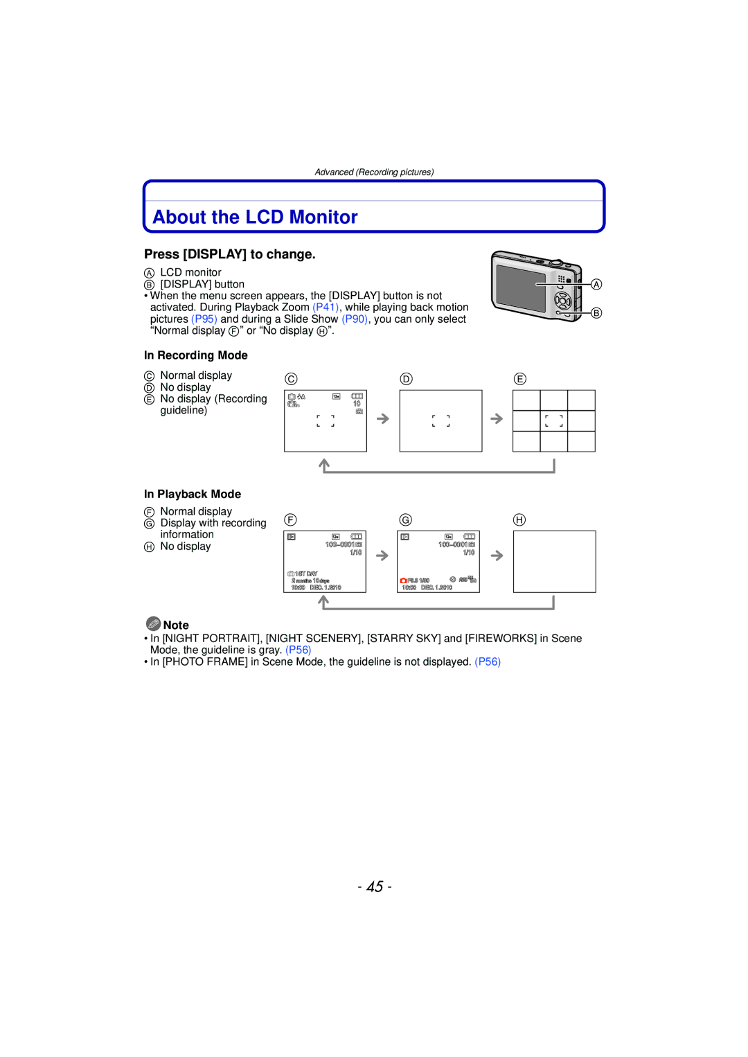 Panasonic DMCFH3K, DMCFH3S, DMCFH3R, DMCFP3S About the LCD Monitor, Press Display to change, Recording Mode, Playback Mode 