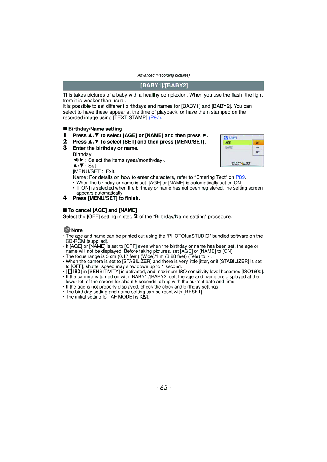 Panasonic DMCFP3AB, DMCFH3S, DMCFH3R, DMCFP3S, DMCFP3R, DMCFH3K BABY1/BABY2, Press MENU/SET to finish To cancel AGE and Name 