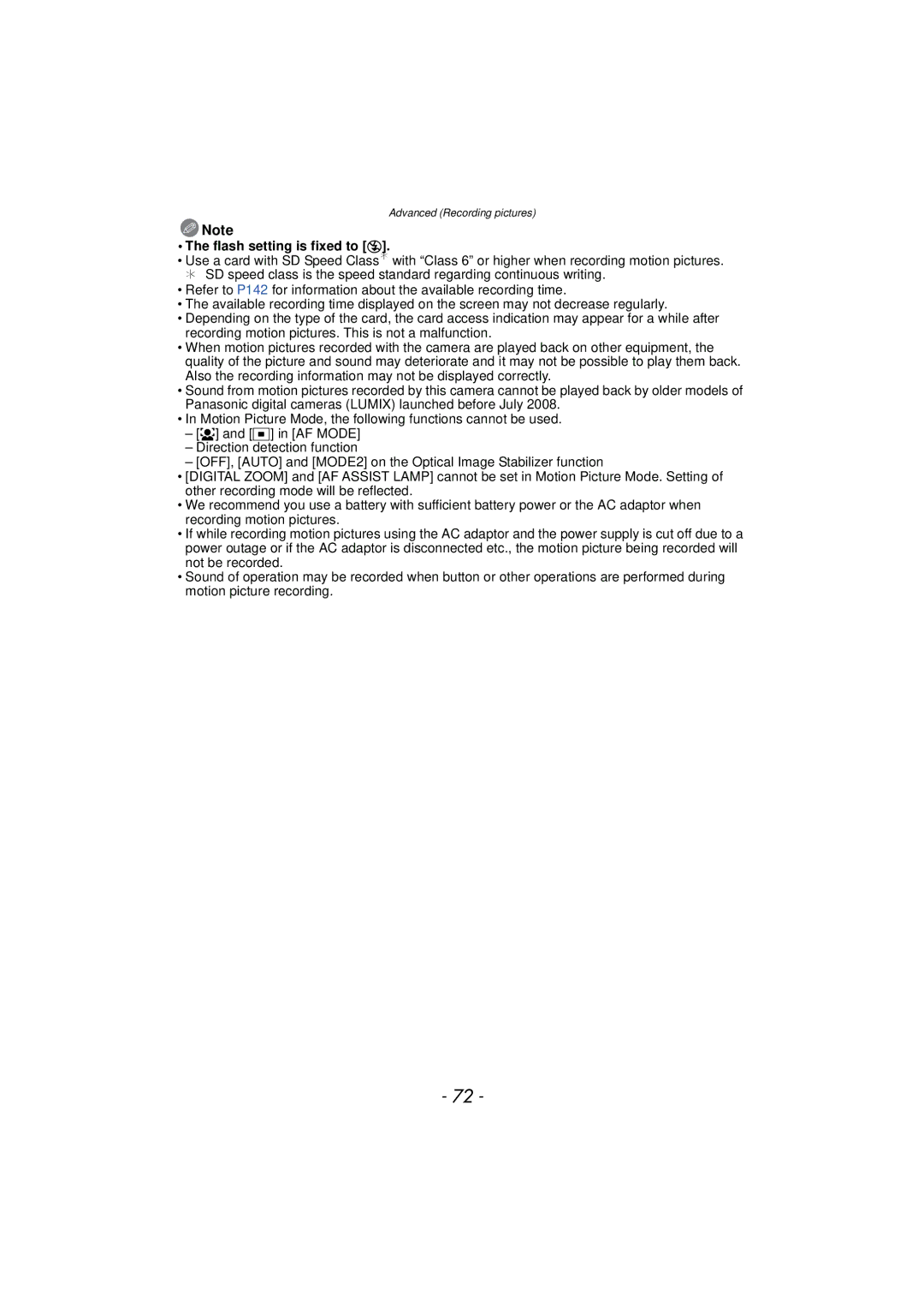 Panasonic DMCFP3S, DMCFH3S, DMCFH3R, DMCFP3AB, DMCFP3R, DMCFH3K, DMCFH1S, DMCFH3P, DMCFH1K, DMCFP3K Flash setting is fixed to Œ 