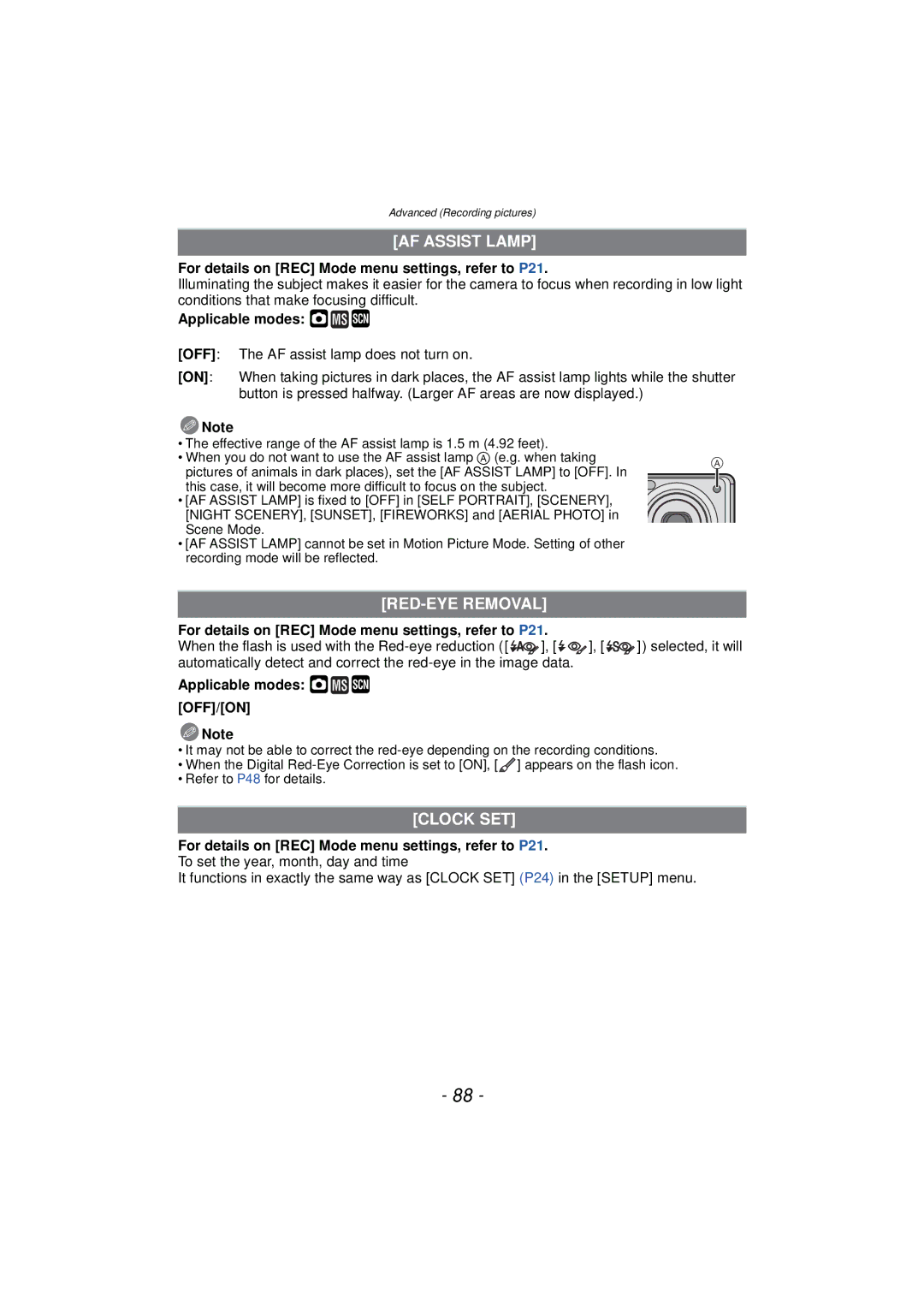 Panasonic DMCFH1K, DMCFH3S, DMCFH3R, DMCFP3S AF Assist Lamp, RED-EYE Removal, Clock SET, Applicable modes · ¿ OFF/ON Note 
