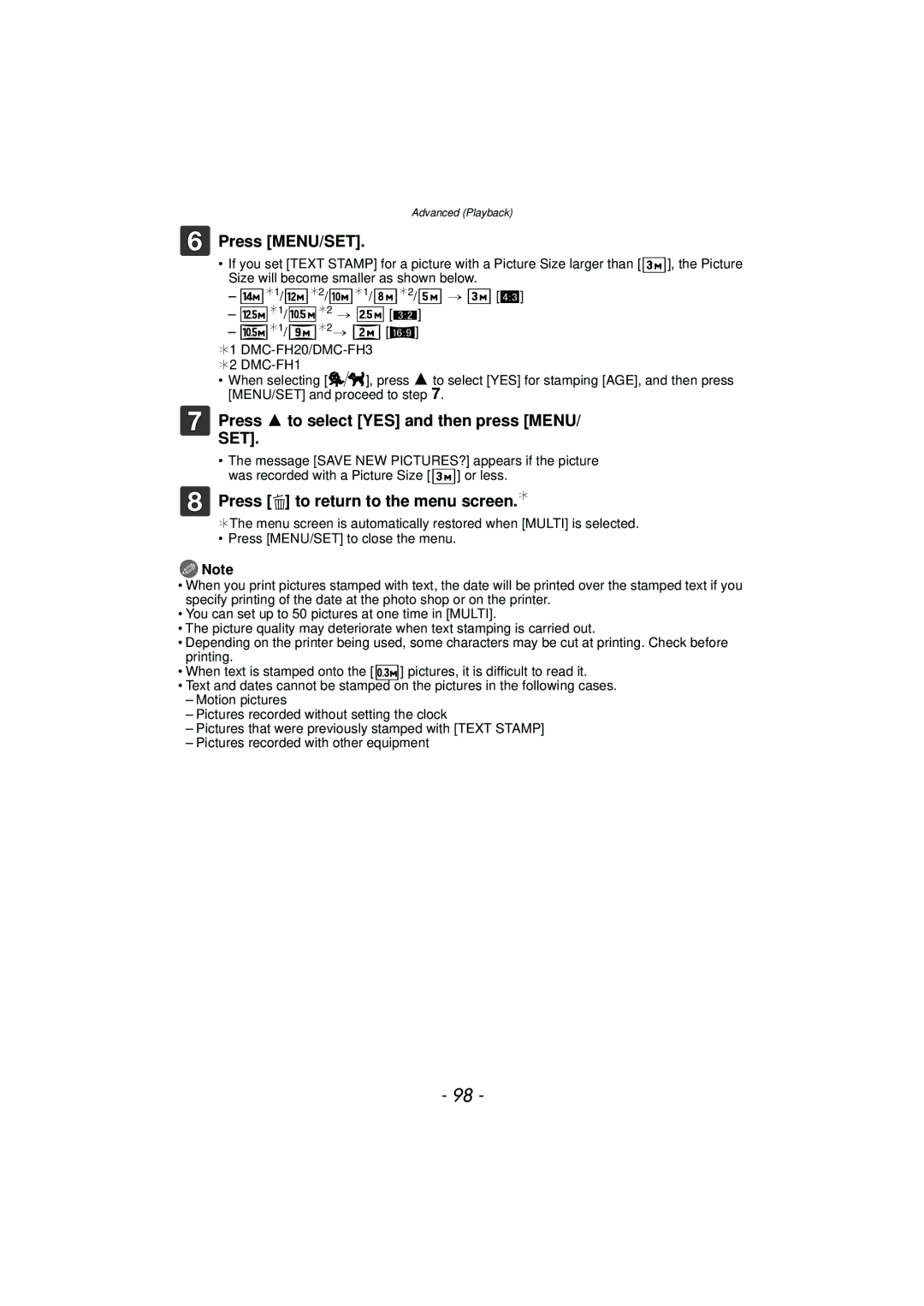 Panasonic DMCFH1K, DMCFH3S, DMCFH3R Press 3 to select YES and then press Menu, Press ‚ to return to the menu screen.¢ 