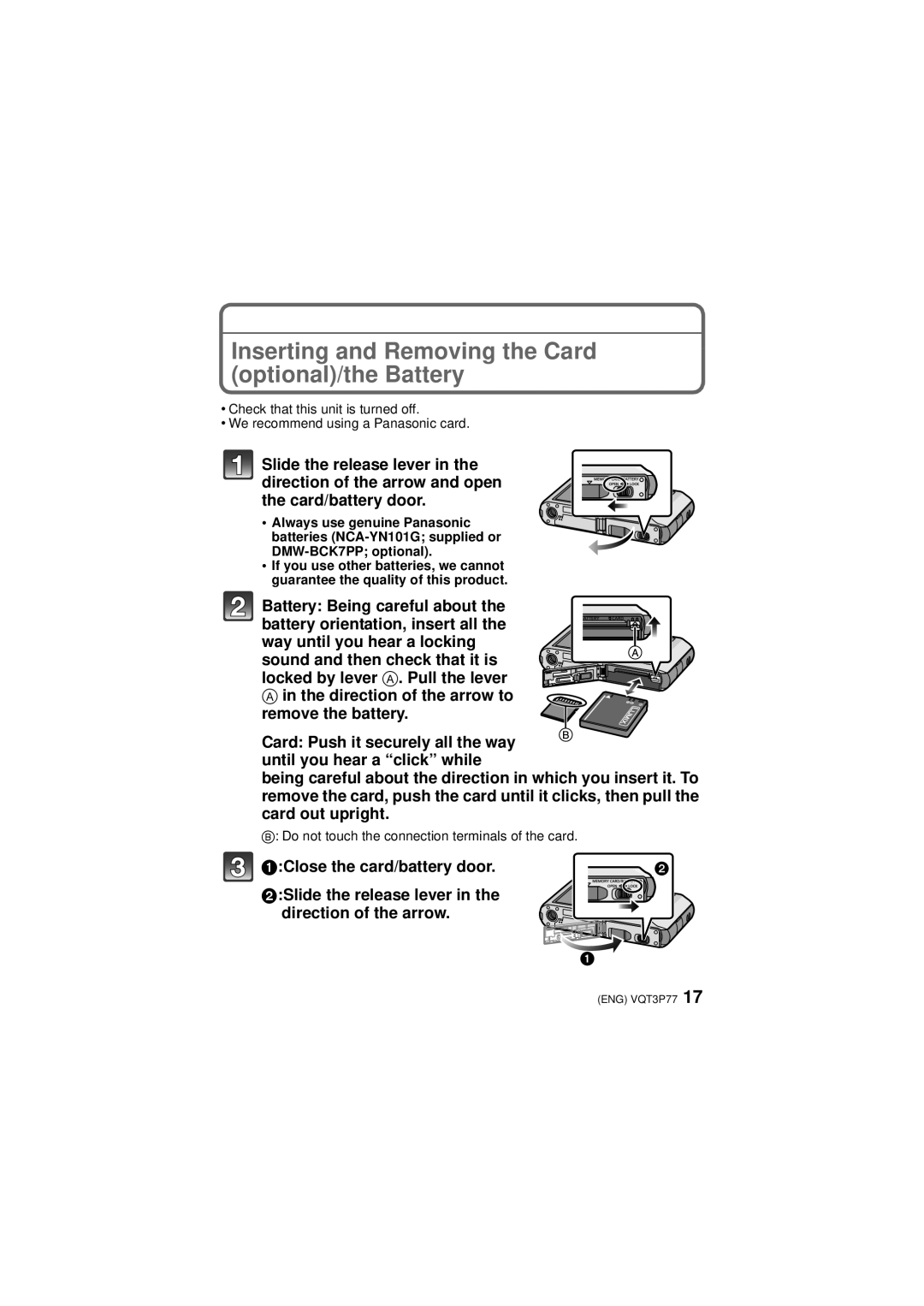 Panasonic DMCFH7K owner manual Inserting and Removing the Card optional/the Battery 