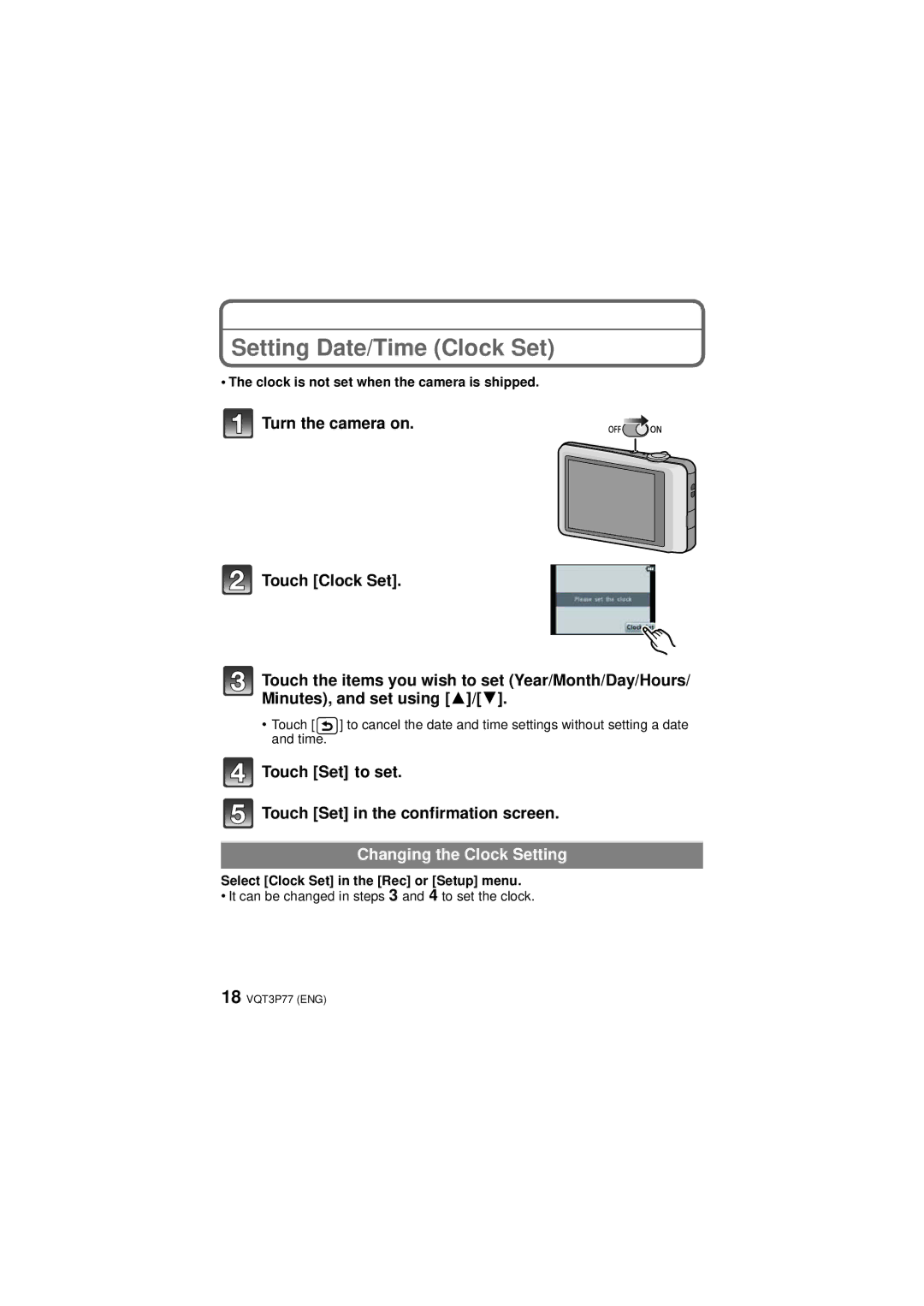 Panasonic DMCFH7K owner manual Setting Date/Time Clock Set, Clock is not set when the camera is shipped 