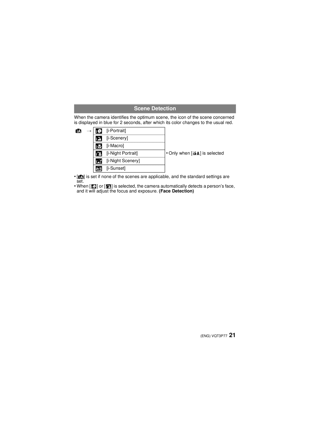 Panasonic DMCFH7K owner manual Scene Detection 