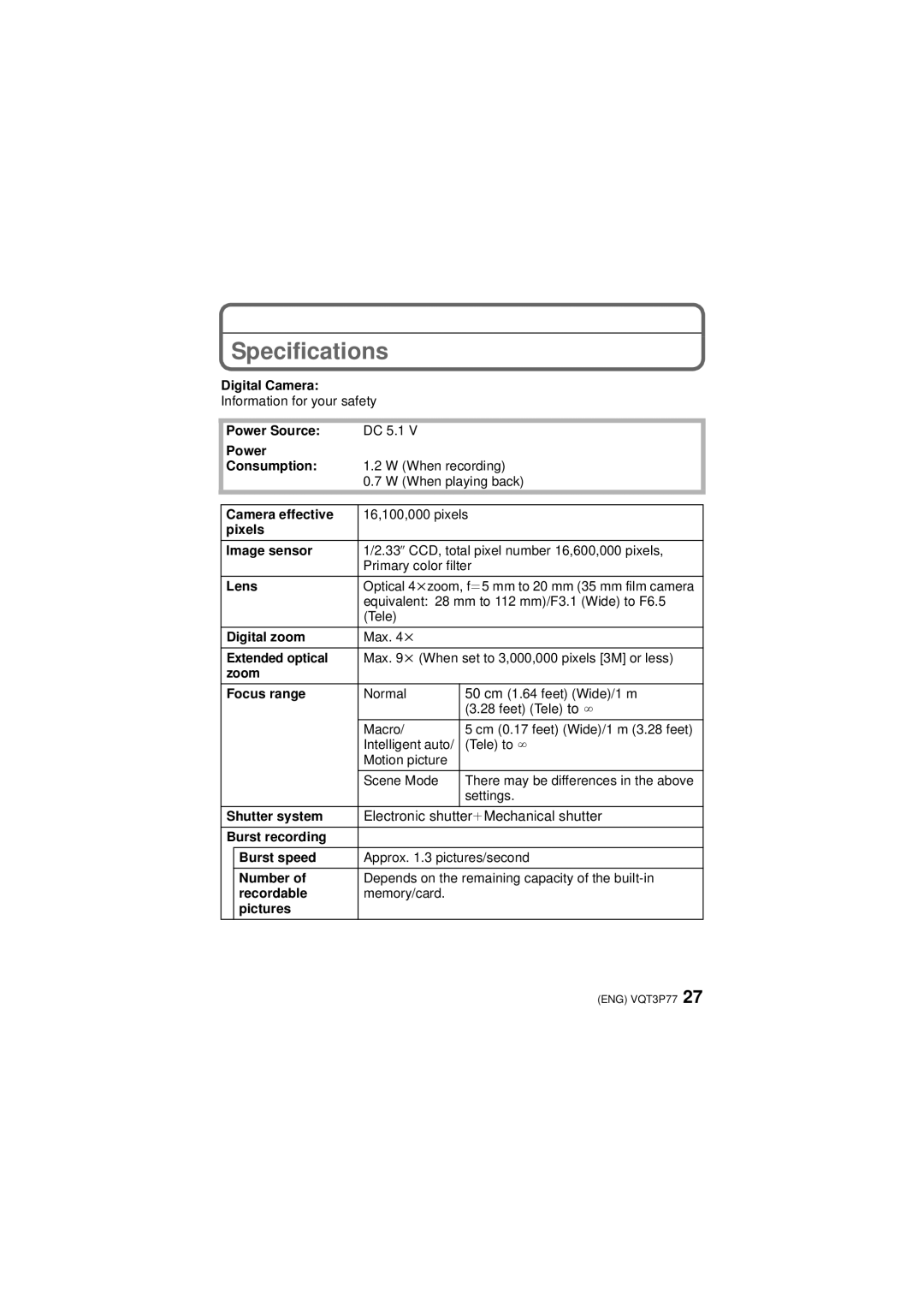 Panasonic DMCFH7K owner manual Specifications 